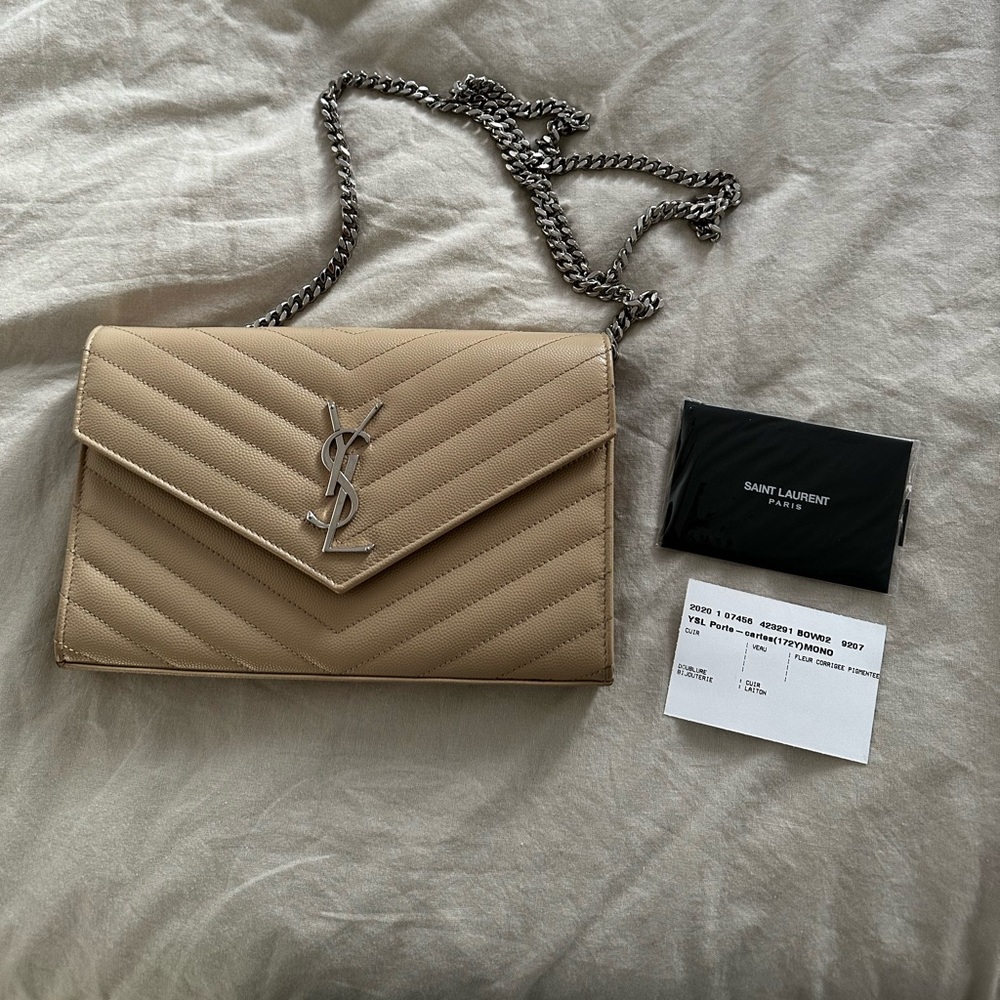 Saint Laurent Monogram Large Wallet on a Chain Beige